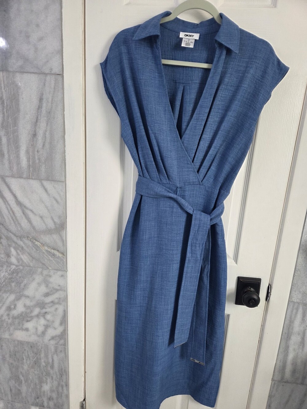 DKNY Chambray Blue Wrap Midi Dress with Self Tie